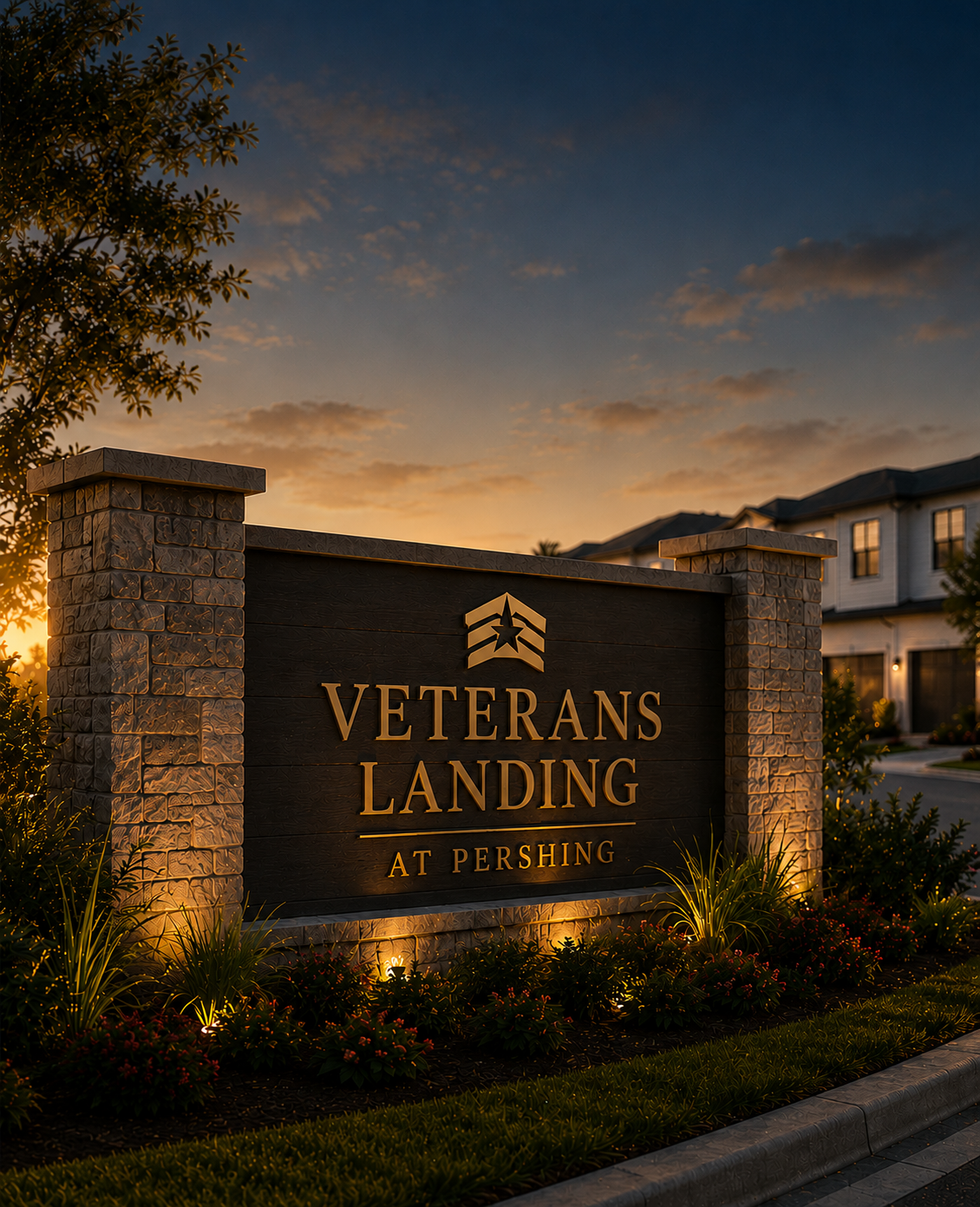 Veterans Landing at Pershing community entrance at sunset